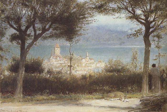 Albert goodwin,r.w.s The Town of Spiez on Lake Thun,Switzerland (mk37) china oil painting image
